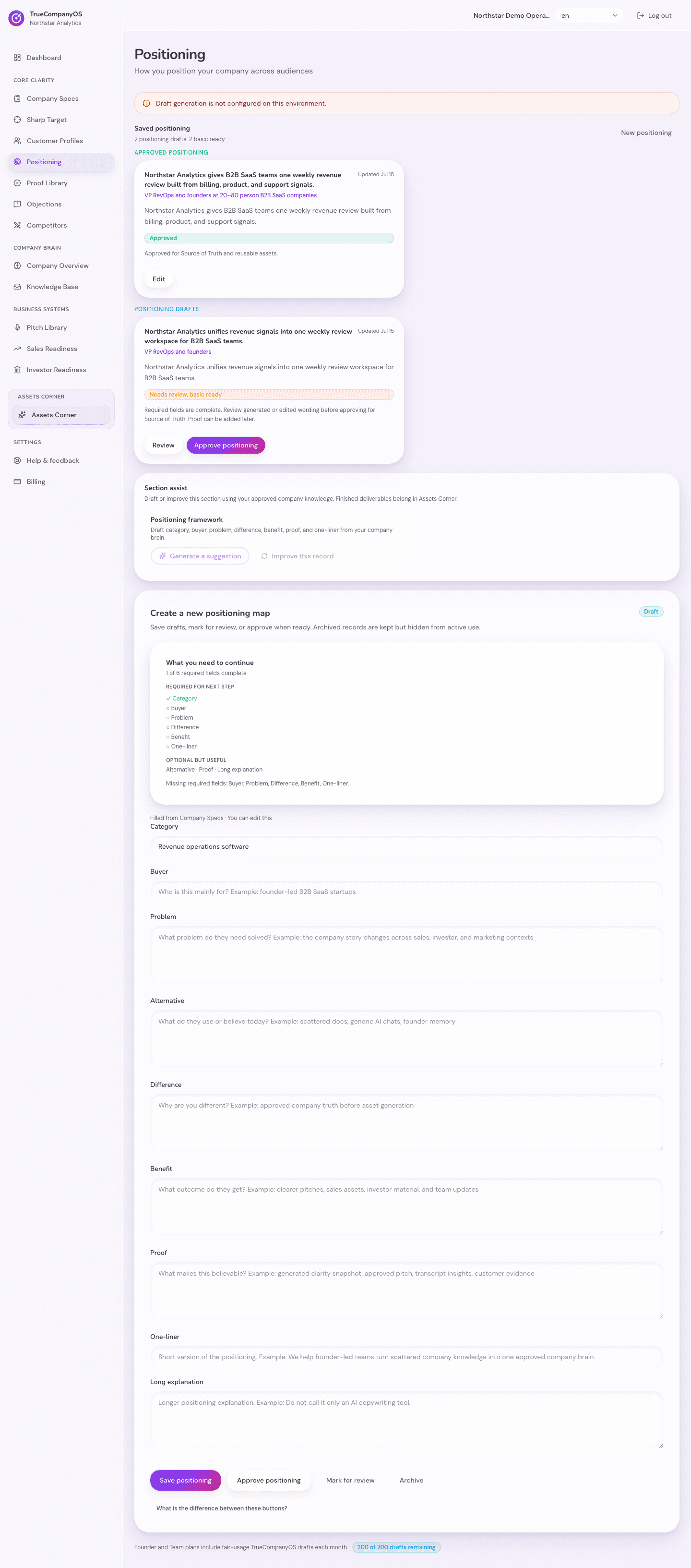 Approved positioning and company specs in TrueCompanyOS