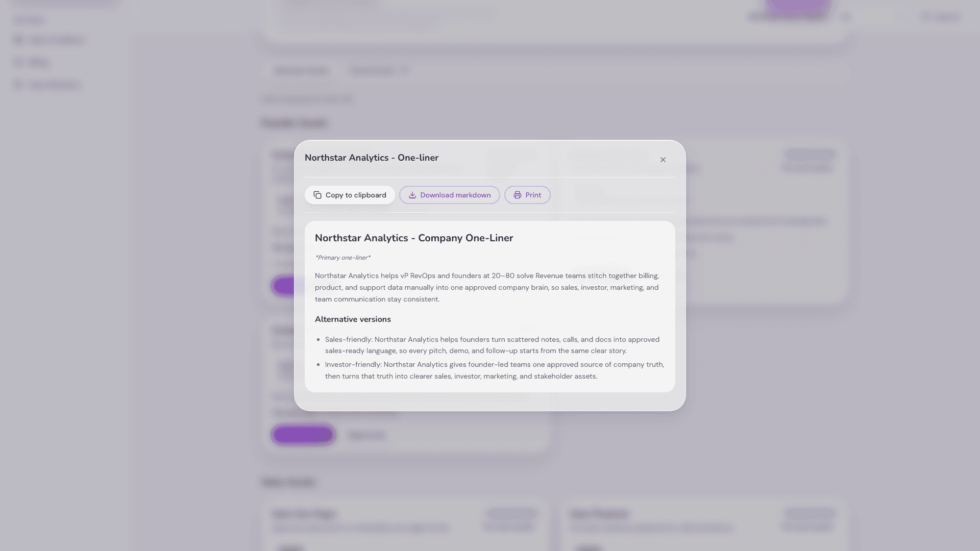 Generated company one-liner and sales assets in Assets Corner