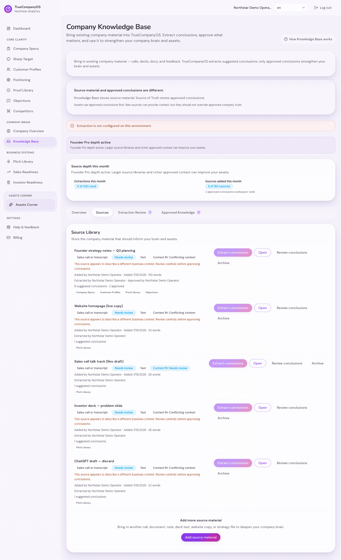 Messy founder notes in the Knowledge Base for Northstar Analytics